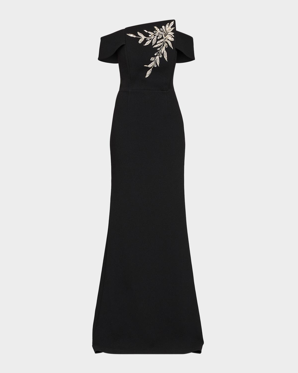 Rickie Freeman for Teri Jon Embellished Botanical Off-the-Shoulder Gown