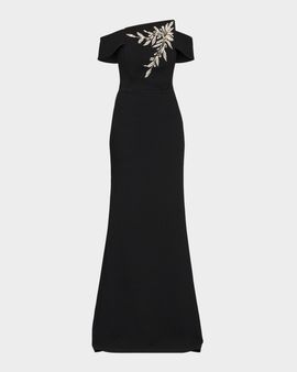 Rickie Freeman for Teri Jon Embellished Botanical Off-the-Shoulder Gown