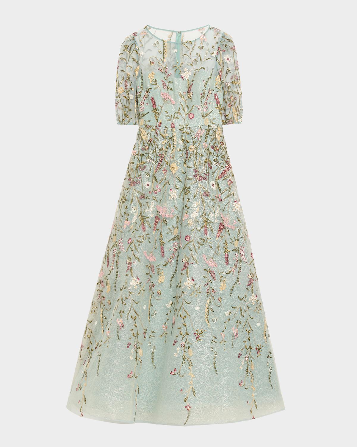 Rickie Freeman for Teri Jon Floral-Embroidered Shimmer Mesh Gown