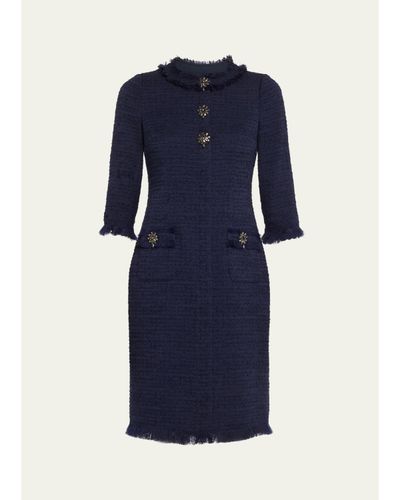 Rickie Freeman for Teri Jon Fringe-Trim Stretch Boucle Dress