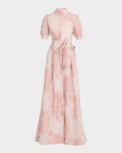Rickie Freeman for Teri Jon Jacquard Short-Sleeve Collared Gown