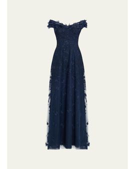 Rickie Freeman for Teri Jon Off-Shoulder Floral-Embroidered Tulle Gown