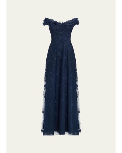 Rickie Freeman for Teri Jon Off-Shoulder Floral-Embroidered Tulle Gown