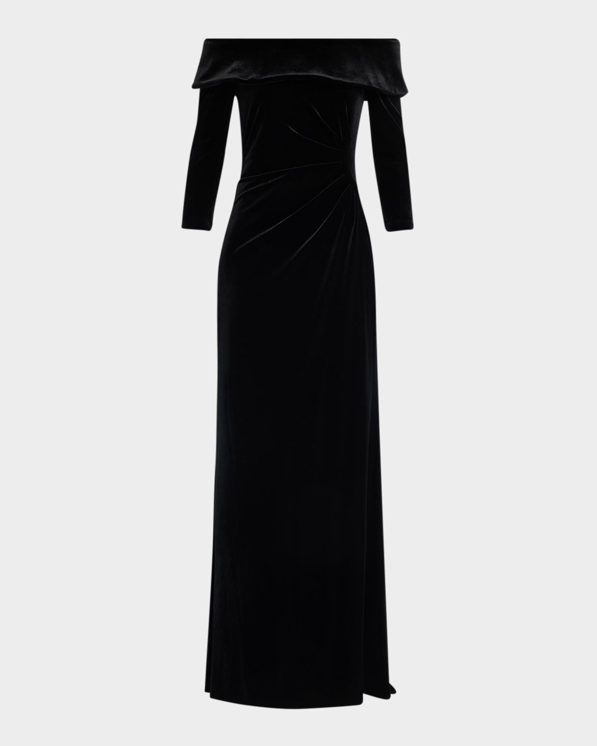 Rickie Freeman for Teri Jon Off-Shoulder Stretch Vevlet Column Gown