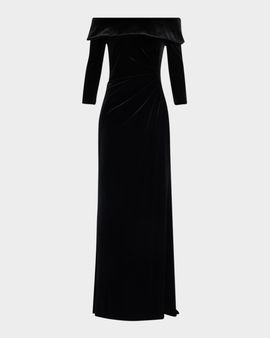 Rickie Freeman for Teri Jon Off-Shoulder Stretch Vevlet Column Gown