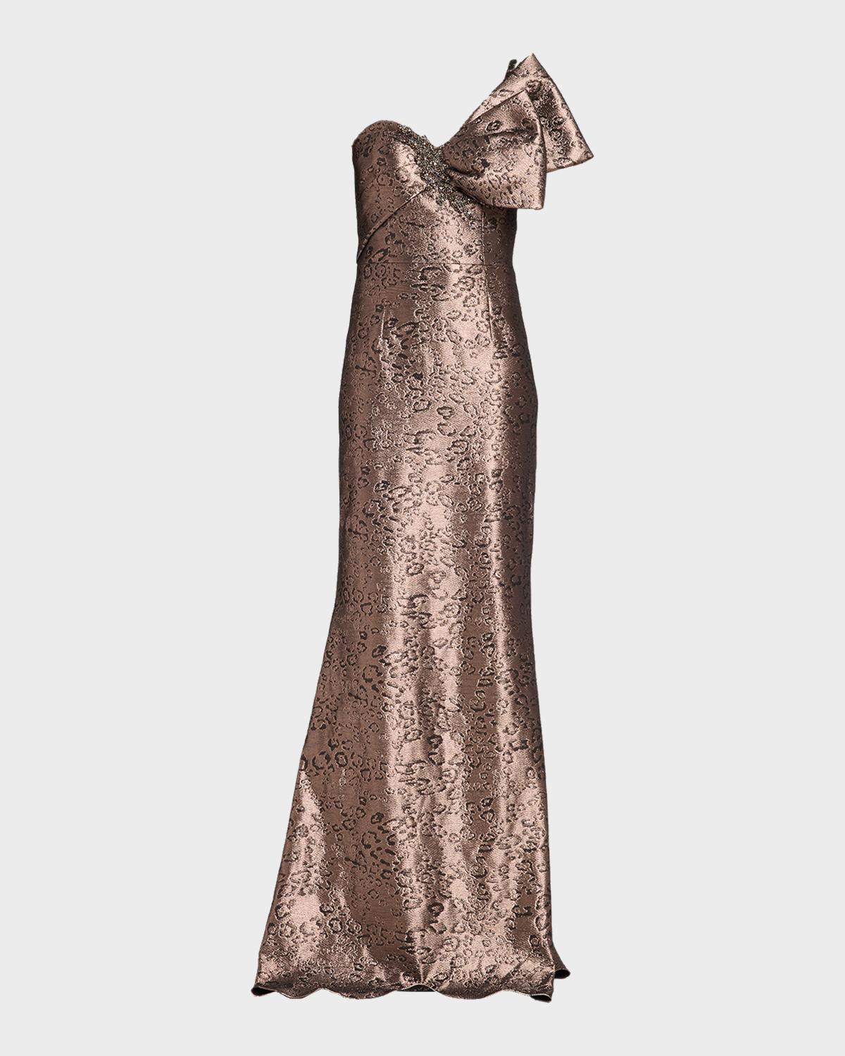Rickie Freeman for Teri Jon One-Shoulder Abstract Metallic Jacquard Gown