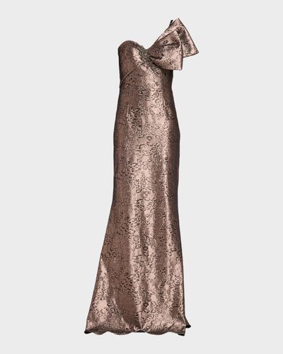 Rickie Freeman for Teri Jon One-Shoulder Abstract Metallic Jacquard Gown
