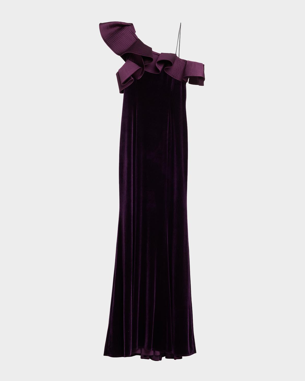 Rickie Freeman for Teri Jon One-Shoulder Ruffle Velvet Gown