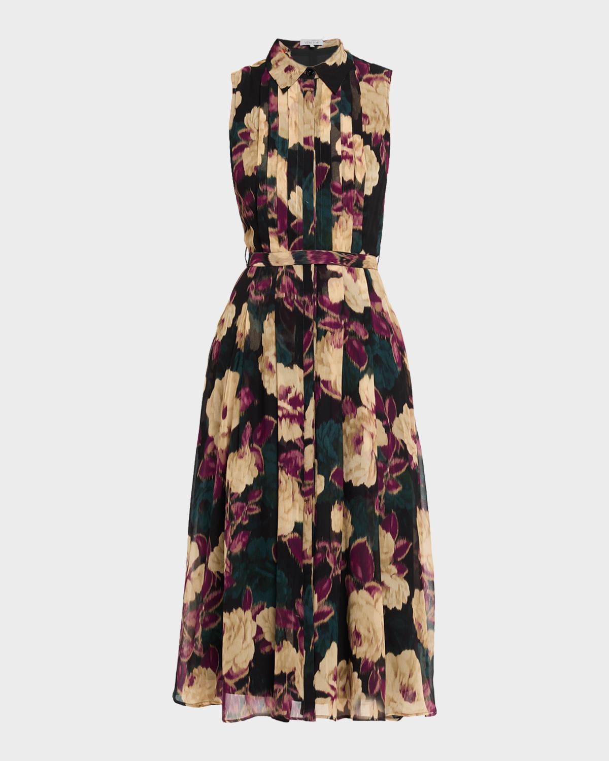 Rickie Freeman for Teri Jon Pleated Floral-Print Chiffon Midi Shirtdress