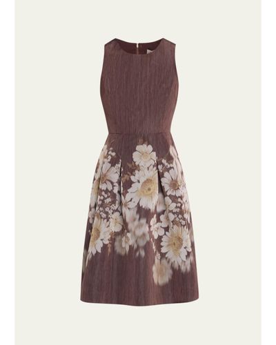 Rickie Freeman for Teri Jon Pleated Floral-Print Mikado Dress