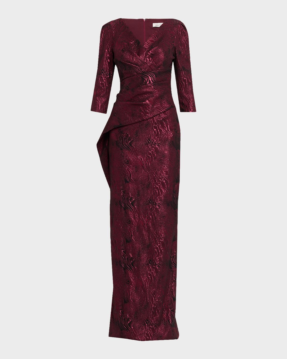 Rickie Freeman for Teri Jon Pleated Metallic Jacquard Column Gown
