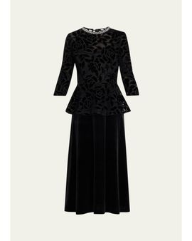 Rickie Freeman for Teri Jon Rhinestone-Trim Floral Velvet Crepe Midi Dress