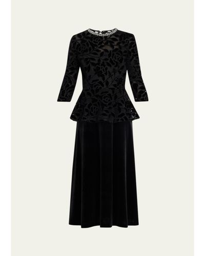 Rickie Freeman for Teri Jon Rhinestone-Trim Floral Velvet Crepe Midi Dress