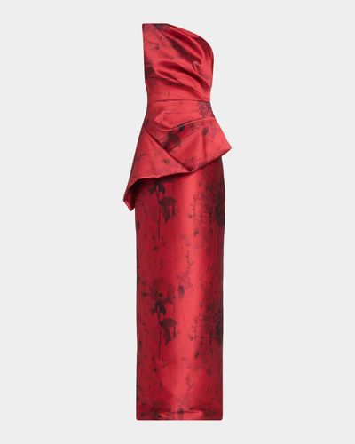 Rickie Freeman for Teri Jon Satin Floral One-Shoulder Gown