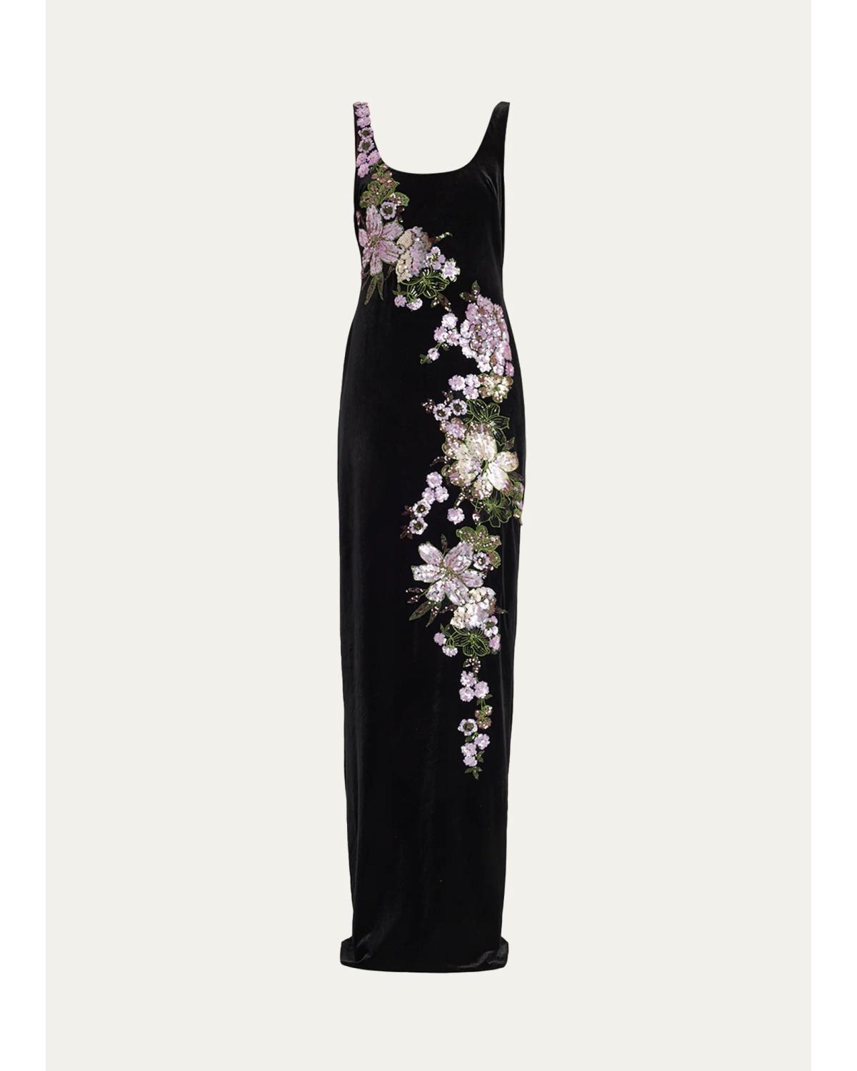 Rickie Freeman for Teri Jon Sequin Floral Velvet Column Gown