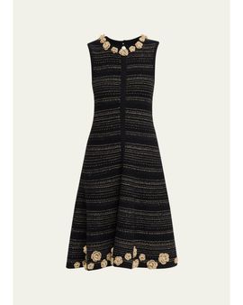 Rickie Freeman for Teri Jon Striped Crochet Floral Applique Midi Dress