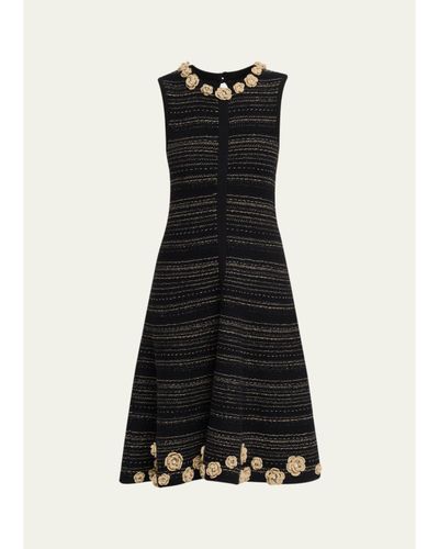 Rickie Freeman for Teri Jon Striped Crochet Floral Applique Midi Dress