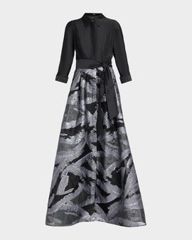 Rickie Freeman for Teri Jon Taffeta & Metallic Organza Shirtwaist Gown