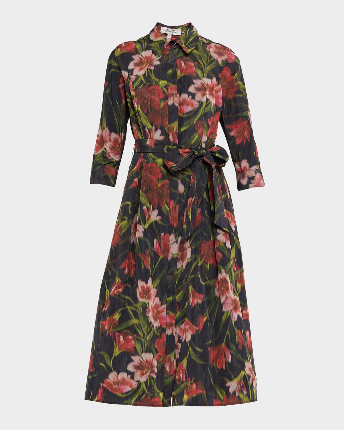 Rickie Freeman for Teri Jon Taffeta Faille Hazy Floral-Print Midi Shirtdress