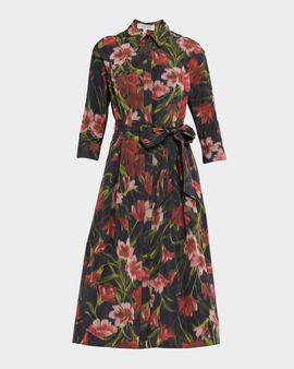 Rickie Freeman for Teri Jon Taffeta Faille Hazy Floral-Print Midi Shirtdress