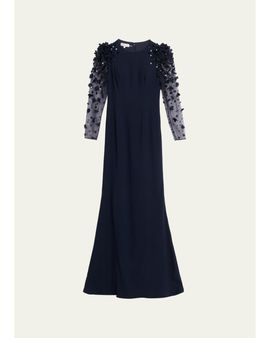 Rickie Freeman for Teri Jon Tulle-Sleeve Floral Applique Crepe Gown