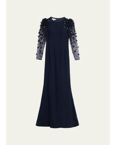 Rickie Freeman for Teri Jon Tulle-Sleeve Floral Applique Crepe Gown