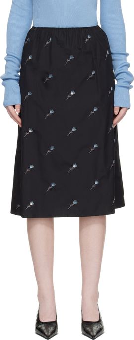 Rier Rier Black Pop Flowers Midi Skirt