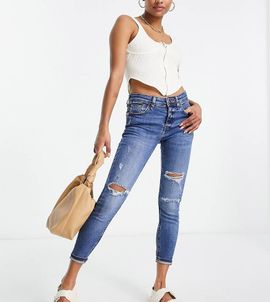 River Island Petite River Island Petite mid rise skinny jeans with rips in dark blue