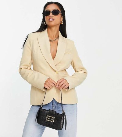 River Island Petite River Island Petite wrap over cinched blazer in beige - part of a set-Neutral