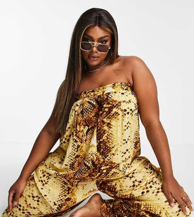 River Island Plus River Island Plus bandeau tie back jumpsuit in snake print-Yellow