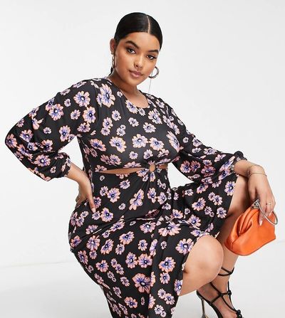 River Island Plus River Island Plus cut out midi dress in floral print-Black