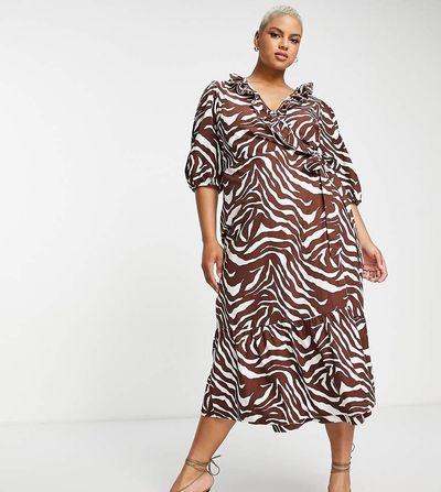 River Island Plus River Island Plus ruffle wrap midi dress in brown