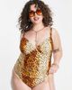 River Island Plus River Island Plus strappy soft plunge swimsuit in animal print-Brown - 4