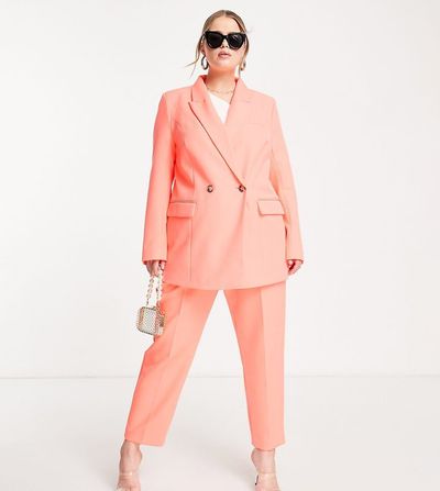 River Island Plus River Island Plus structured double breasted blazer in coral - part of a set-Orange
