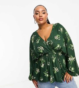 River Island Plus River Island Plus wrap floral wrap top in green
