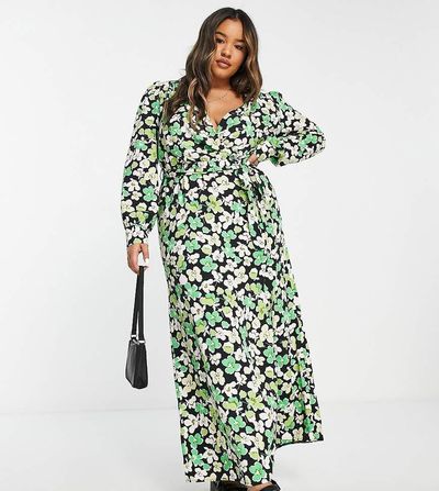 River Island Plus River Island Plus wrap front floral midaxi dress in green