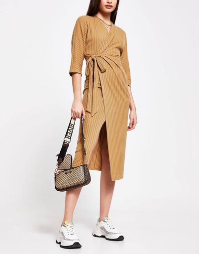 River Island River Island brushed cozy knit wrap midi dress in camel-Brown