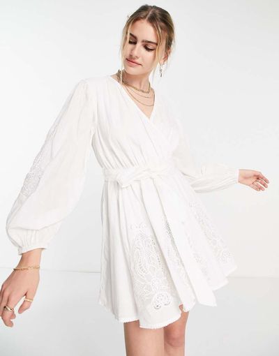 River Island River Island embroidered wrap mini dress in white