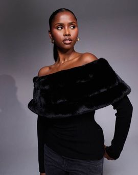 River Island River Island faux fur trim off the shoulder sweater in black