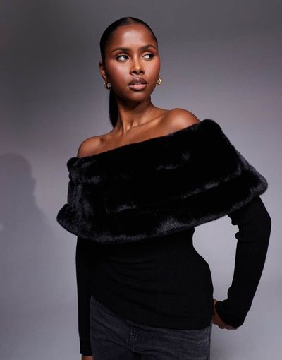 River Island River Island faux fur trim off the shoulder sweater in black