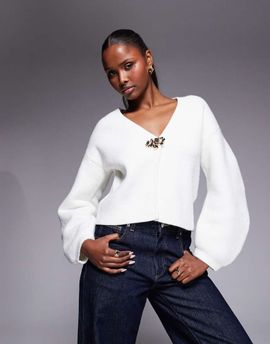 River Island River Island gold detail knit cardigan in cream-White