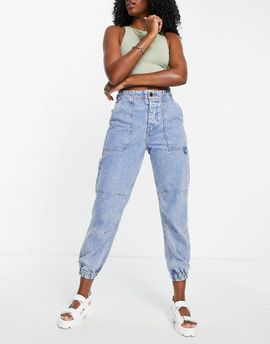 River Island River Island high waist cuffed cargo jean in light blue