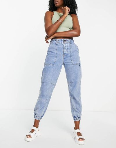 River Island River Island high waist cuffed cargo jean in light blue