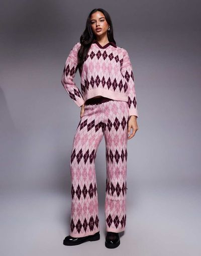 River Island River Island knit argyle print pants in pink - part of a set