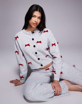 River Island River Island knit bow detail cardigan and pants set in gray