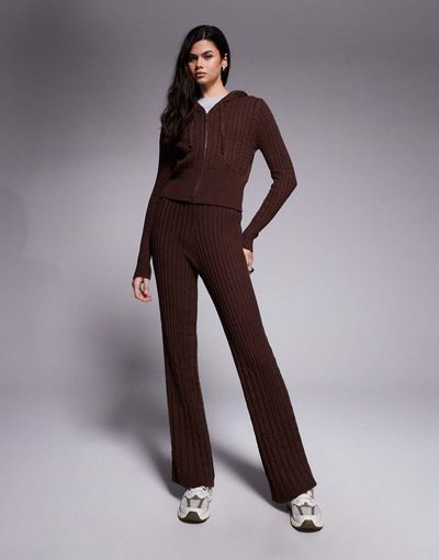 River Island River Island knit wide leg cable knit pants in dark brown - part of a set