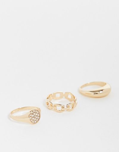 River Island River Island pack of 3 glam and crystal signet rings in gold tone