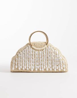 River Island River Island pearl detail raffia handle bag in cream-Neutral