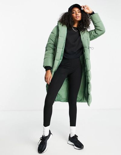 River Island River Island shawl collar longline padded coat in sage-Green