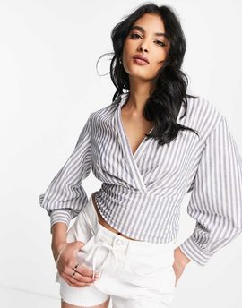 River Island River Island shirred waist tie front shirt in light blue